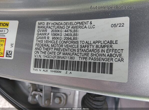1HGCV2F39NA011383 2022 HONDA ACCORD Серебряный Вид подкапотного пространства