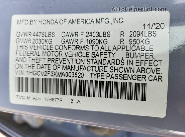 1HGCV2F3XMA003520 2021 HONDA ACCORD Gray Engine compartment view