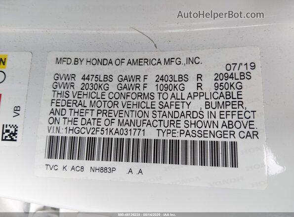 1HGCV2F51KA031771 2019 HONDA ACCORD White Widok komory silnika