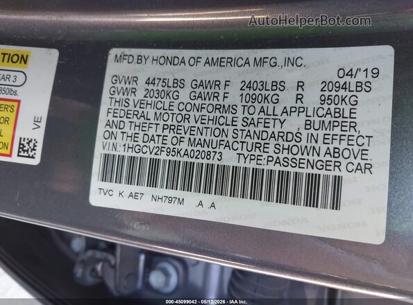 1HGCV2F95KA020873 2019 HONDA ACCORD Gray Vista del compartimento del motor