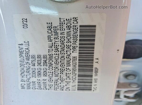 1HGCV2F95NA007836 2022 HONDA ACCORD White Շարժիչի բաժամունքի տեսք