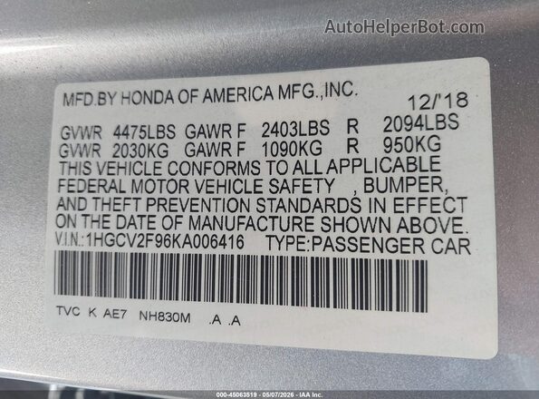 1HGCV2F96KA006416 2019 HONDA ACCORD Silver Widok komory silnika