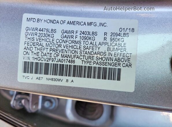 1HGCV2F97JA017486 2018 HONDA ACCORD Серебряный Вид подкапотного пространства