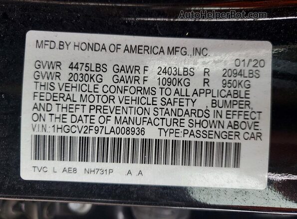 1HGCV2F97LA008936 2020 HONDA ACCORD Черный Вид подкапотного пространства
