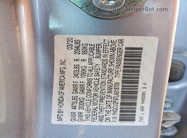 1HGCV2F97LA018706 2020 HONDA ACCORD Silver Widok naklejki z numerem VIN