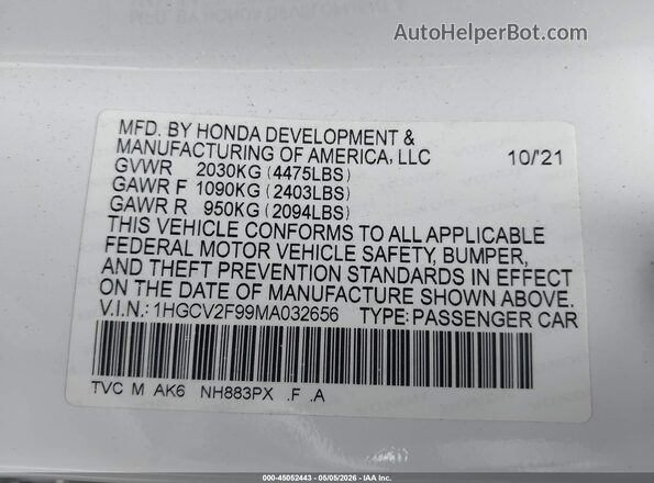 1HGCV2F99MA032656 2021 HONDA ACCORD Белый Вид подкапотного пространства