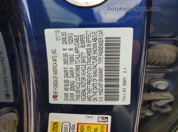 1HGCV3F15KA004401 2019 HONDA ACCORD Blue Vista del compartimento del motor