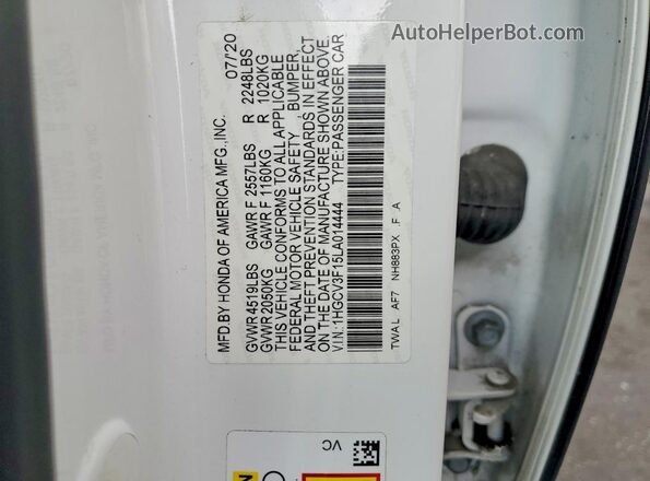 1HGCV3F15LA014444 2020 HONDA ACCORD White Vista del compartimento del motor