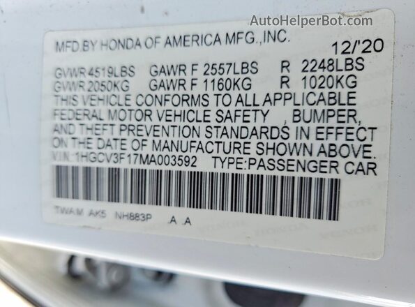 1HGCV3F17MA003592 2021 HONDA ACCORD White Вид підкапотного простору