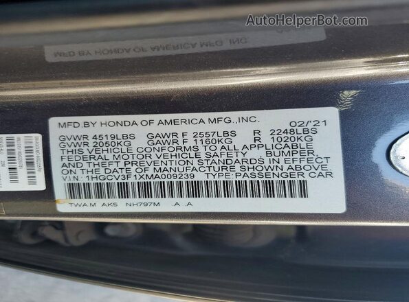 1HGCV3F1XMA009239 2021 HONDA ACCORD Серый Вид подкапотного пространства