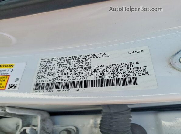1HGCV3F20NA020471 2022 HONDA ACCORD White Widok komory silnika