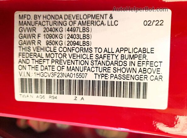 1HGCV3F23NA015507 2022 HONDA ACCORD Red Շարժիչի բաժամունքի տեսք