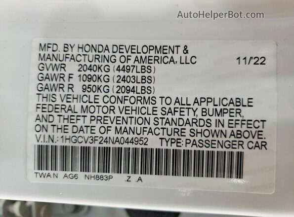 1HGCV3F24NA044952 2022 HONDA ACCORD Белый Вид подкапотного пространства