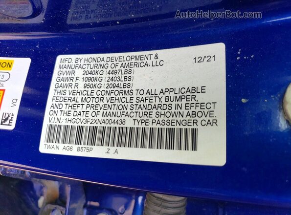 1HGCV3F2XNA004438 2022 HONDA ACCORD Blue Շարժիչի բաժամունքի տեսք