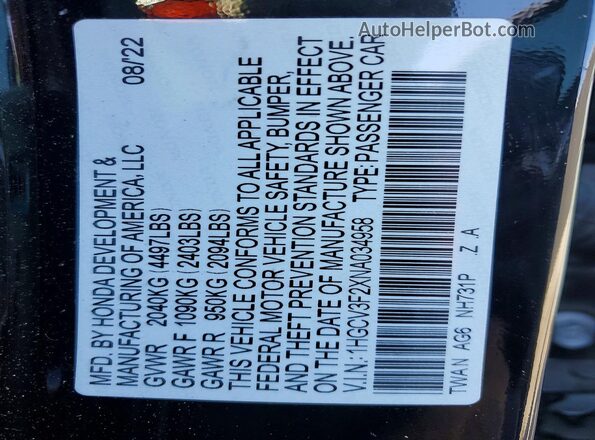 1HGCV3F2XNA034958 2022 HONDA ACCORD Black Widok komory silnika