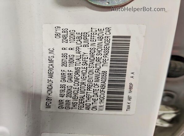 1HGCV3F45KA020558 2019 HONDA ACCORD Белый Вид наклейки с VIN-кодом
