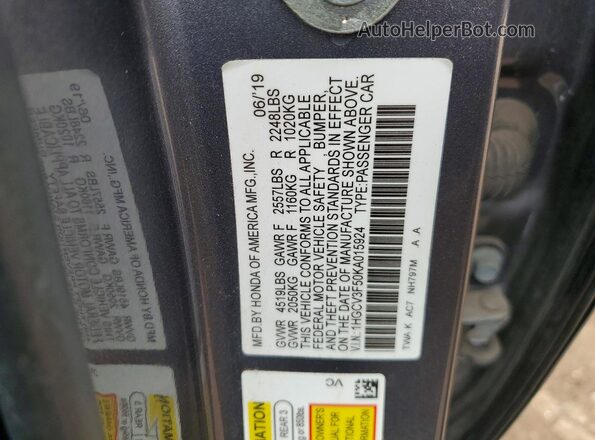 1HGCV3F50KA015924 2019 HONDA ACCORD Серый Вид подкапотного пространства