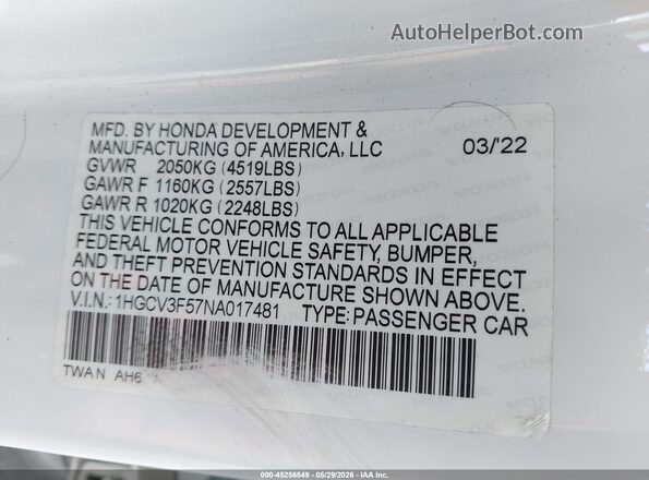 1HGCV3F57NA017481 2022 HONDA ACCORD HYBRID White Вид підкапотного простору