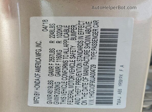 1HGCV3F90JA004729 2018 HONDA ACCORD Beige Widok komory silnika