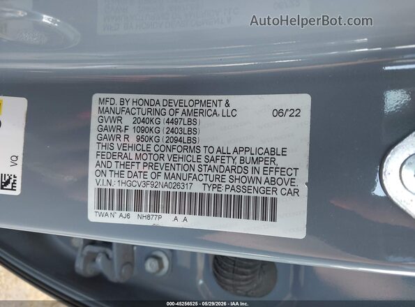 1HGCV3F92NA026317 2022 HONDA ACCORD Gray Вид підкапотного простору