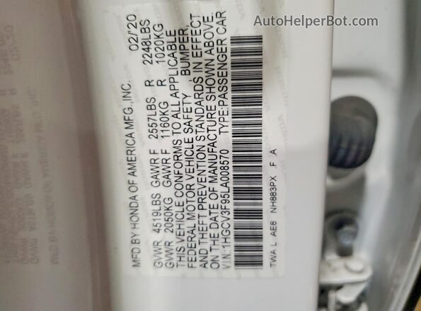 1HGCV3F95LA008570 2020 HONDA ACCORD White VIN կոդի պիտակի տեսք