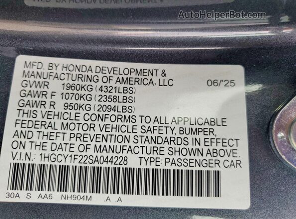 1HGCY1F22SA044228 2025 HONDA ACCORD Серый Вид подкапотного пространства