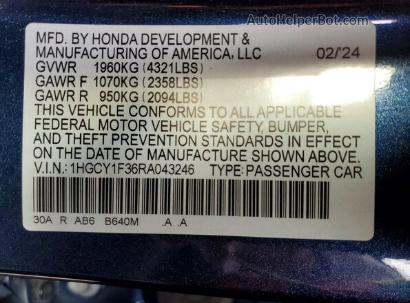 1HGCY1F36RA043246 2024 HONDA ACCORD Синий Вид подкапотного пространства