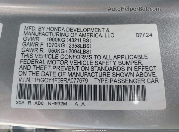 1HGCY1F39RA077679 2024 HONDA ACCORD Серебряный Вид подкапотного пространства