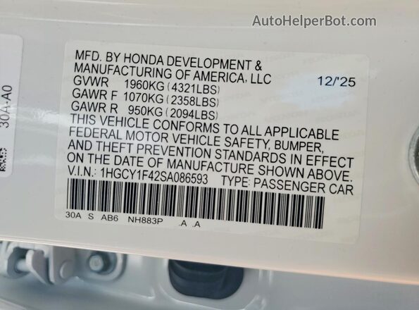 1HGCY1F42SA086593 2025 HONDA ACCORD White Widok komory silnika