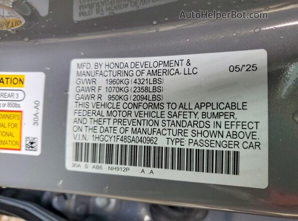 1HGCY1F48SA040962 2025 HONDA ACCORD Серый Вид подкапотного пространства