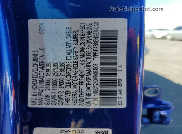 1HGCY2F50RA084902 2024 HONDA ACCORD Blue Вид наклейки з VIN-кодом