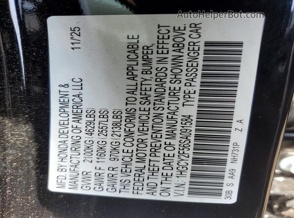 1HGCY2F56SA091584 2025 HONDA ACCORD Black ძრავის განყოფილების ხედი