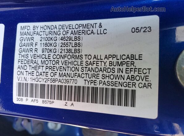 1HGCY2F58PA039770 2023 HONDA ACCORD Blue Vista de la etiqueta del VIN