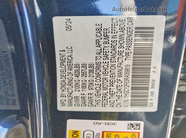1HGCY2F63RA069819 2024 HONDA ACCORD Blue Widok naklejki z numerem VIN
