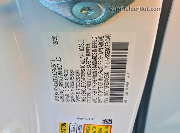 1HGCY2F69SA093547 2025 HONDA ACCORD White Widok naklejki z numerem VIN