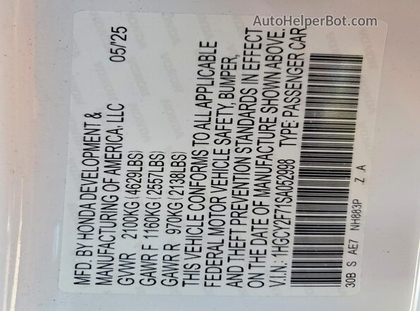 1HGCY2F71SA052998 2025 HONDA ACCORD White Вид підкапотного простору