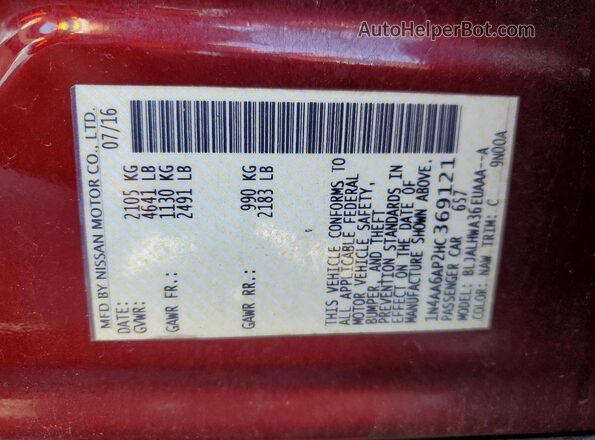 1N4AA6AP2HC369121 2017 NISSAN MAXIMA PLATINUM Burgundy ძრავის განყოფილების ხედი