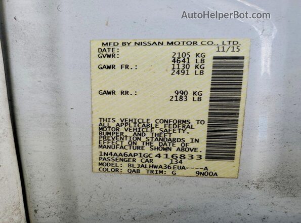 1N4AA6AP2HC391846 2017 NISSAN MAXIMA White Vista de la etiqueta del VIN