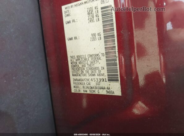 1N4AA6AP2HC453391 2017 NISSAN MAXIMA Burgundy Widok komory silnika