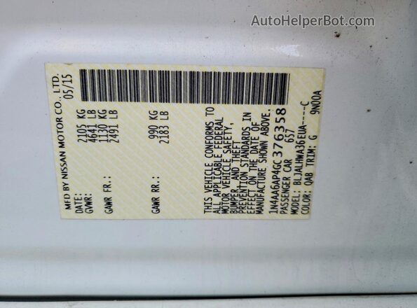 1N4AA6AP4GC376358 2016 NISSAN MAXIMA White Vista de la etiqueta del VIN