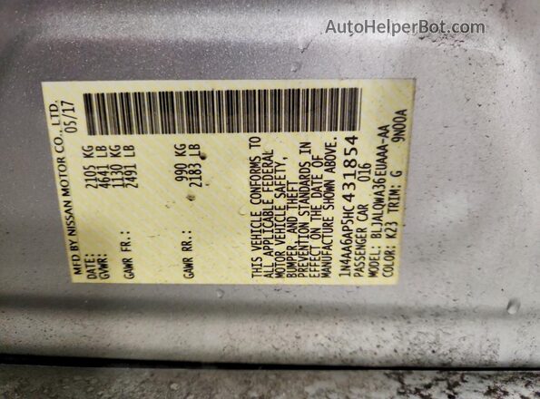 1N4AA6AP5HC431854 2017 NISSAN MAXIMA Серебряный Вид подкапотного пространства