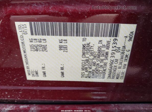1N4AA6AP6GC391539 2016 NISSAN MAXIMA Красный Вид подкапотного пространства