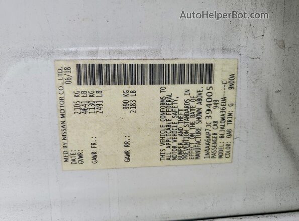 1N4AA6AP7JC394005 2018 NISSAN MAXIMA White Вид наклейки з VIN-кодом