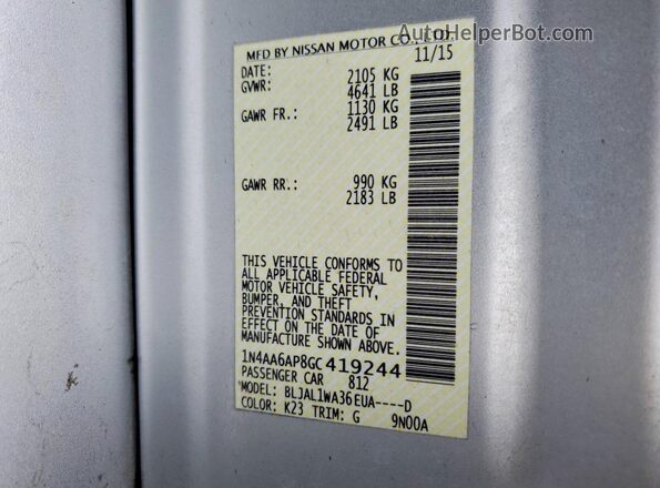 1N4AA6AP8GC419244 2016 NISSAN MAXIMA Silver Widok komory silnika