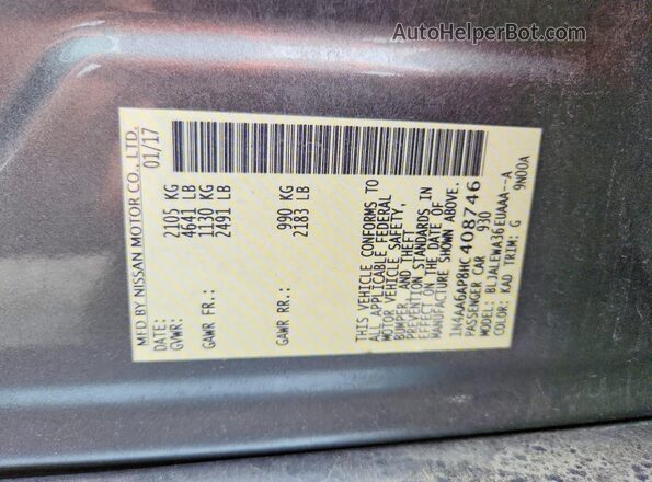 1N4AA6AP8HC408746 2017 NISSAN MAXIMA Gray VIN sticker view