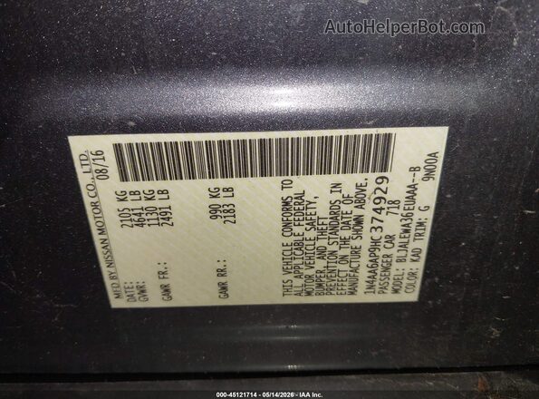 1N4AA6AP9HC374929 2017 NISSAN MAXIMA Gray Widok komory silnika