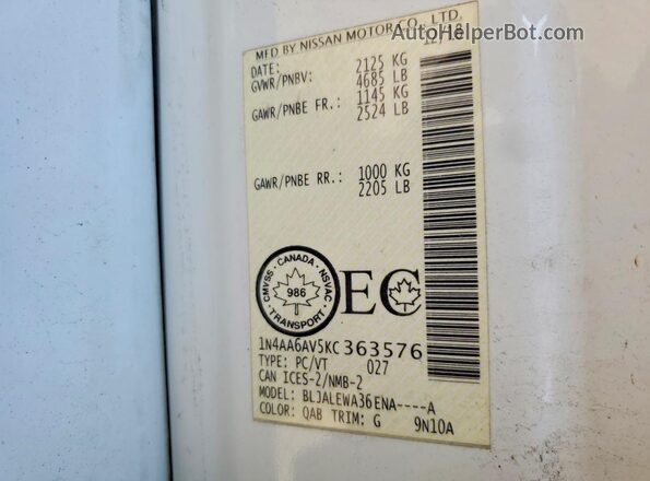 1N4AA6AV5KC363576 2019 NISSAN MAXIMA White VIN sticker view
