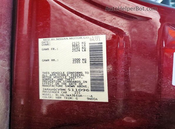 1N4AA6CV9MC511096 2021 NISSAN MAXIMA Burgundy Vista del compartimento del motor