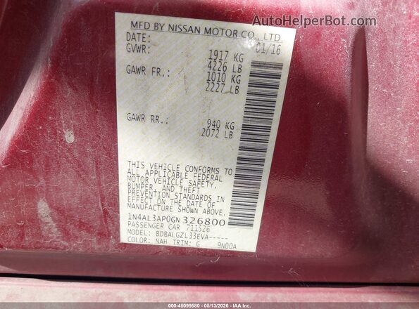 1N4AL3AP0GN326800 2016 NISSAN ALTIMA Red ძრავის განყოფილების ხედი