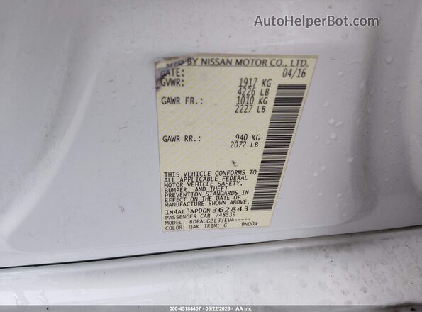 1N4AL3AP0GN362843 2016 NISSAN ALTIMA Белый Вид подкапотного пространства